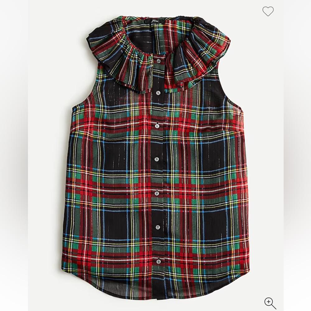 NWT J Crew Sleeveless ruffle-collar top in black Stewart tartan